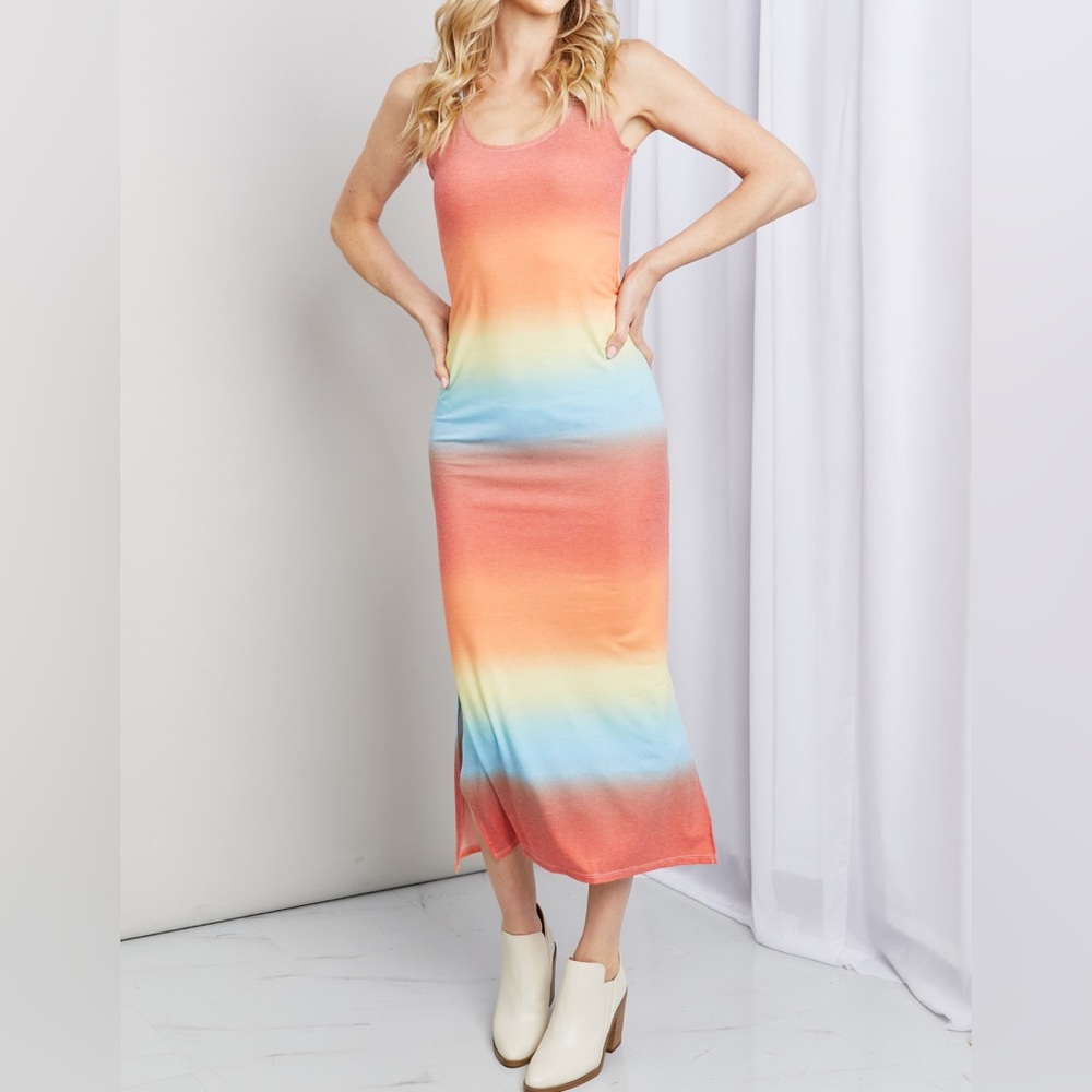 SALE!! Zenana Rainbow Gradient Sleeveless Side Slit Bodycon Maxi Tank Dress - Picture 1 of 6